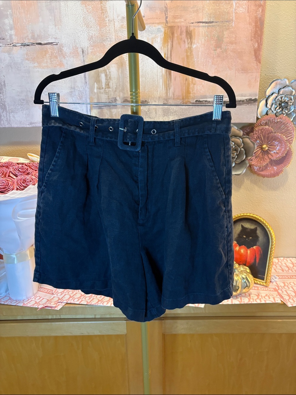 Blank NYC Navy Blue High-Rise Belted Linen Bermuda Shorts